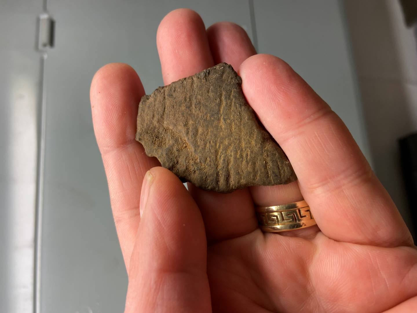 William (Bill) Parkinson, curator and professor of anthropology with the Field Museum of Natural History and the University of Illinois at Chicago, holds a ceramic sherd that was found during archaeology shovel tests at Midewin National Tallgrass Prairie in October.