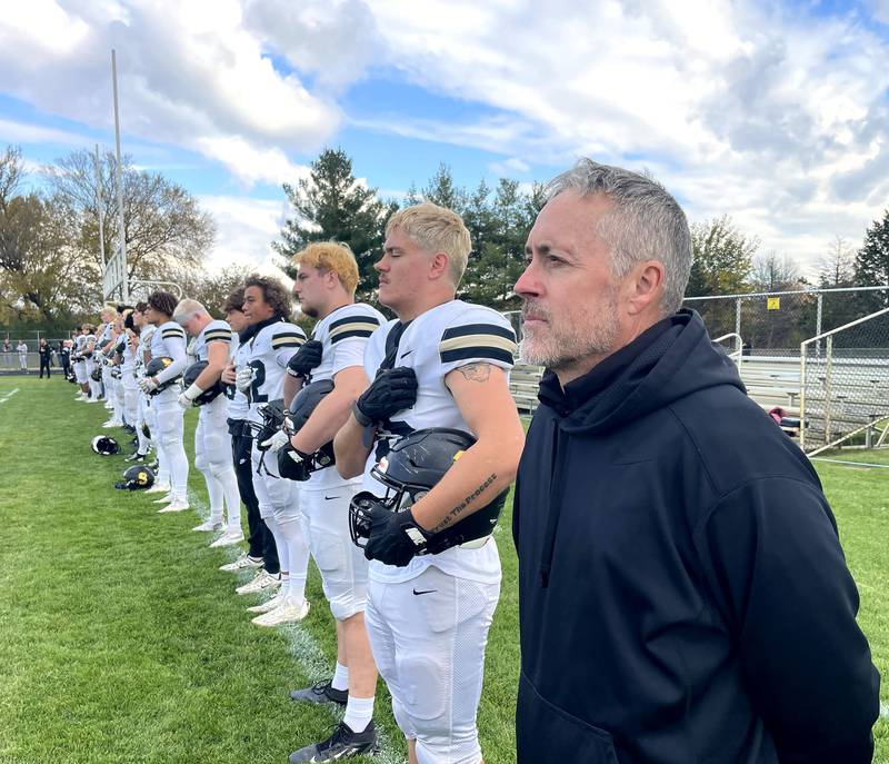 Sycamore’s Head Coach Joe Ryan leads the Spartans in IHSA football Class 5A first-round playoff action at Al Bohrer Field on the campus of Cary-Grove High School in Cary on Saturday, November 1, 2025.