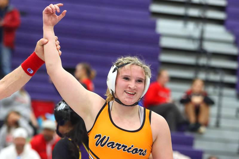 McHenry’s Madalynn Sima is declared winner over Rolling Meadows’ Leilani Brindis at 170 pounds in varsity girls IHSA Regional Championship wrestling action on Saturday, February 7, 2026, at Hampshire High School in Hampshire.