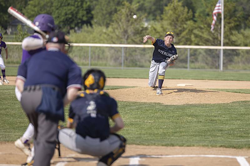 Sterling’s Braden Hartman fires a pitch against Rochelle in class 3A regional action on Monday, May 22, 2023.