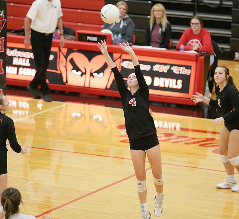 Hall's Taylor Coutts sets the ball in play against Bureau Valley in the Class 2A Regional game on Monday, Oct. 24, 2022 at Hall High School in Spring Valley.