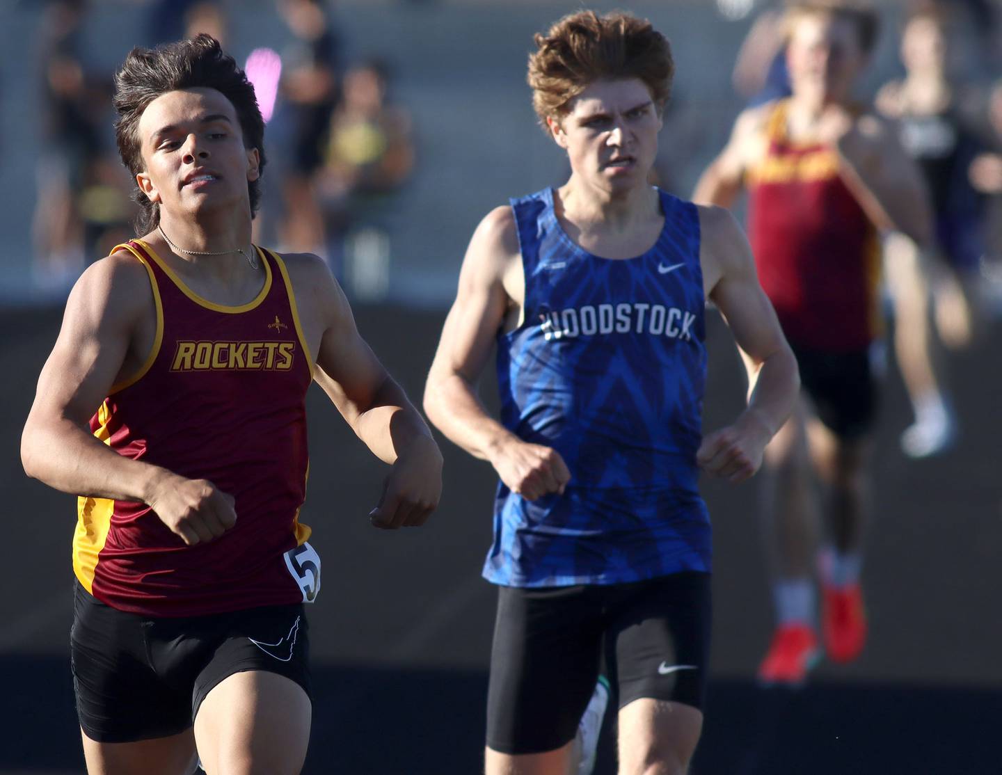 Richmond-Burton’s Oscar Bonilla, left, edges out Woodstock’s Ellery Shutt  in the 800-meter run in KRC Conference Track Meet action at Richmond-Burton High School in Richmond on Tuesday, May 13, 2025.
