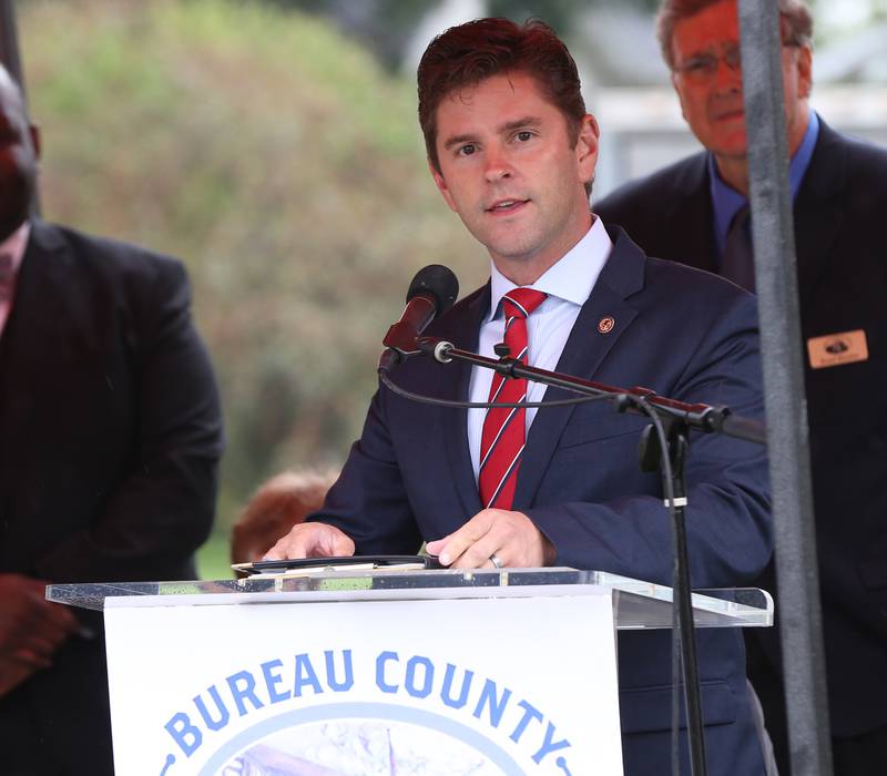 State Rep. Ryan Spain (R-Peoria) gives his remarks during a Civil War Monument Ceremony on Friday, Sept. 22, 2023 outside the Sash Stalter Matson Building in Princeton.