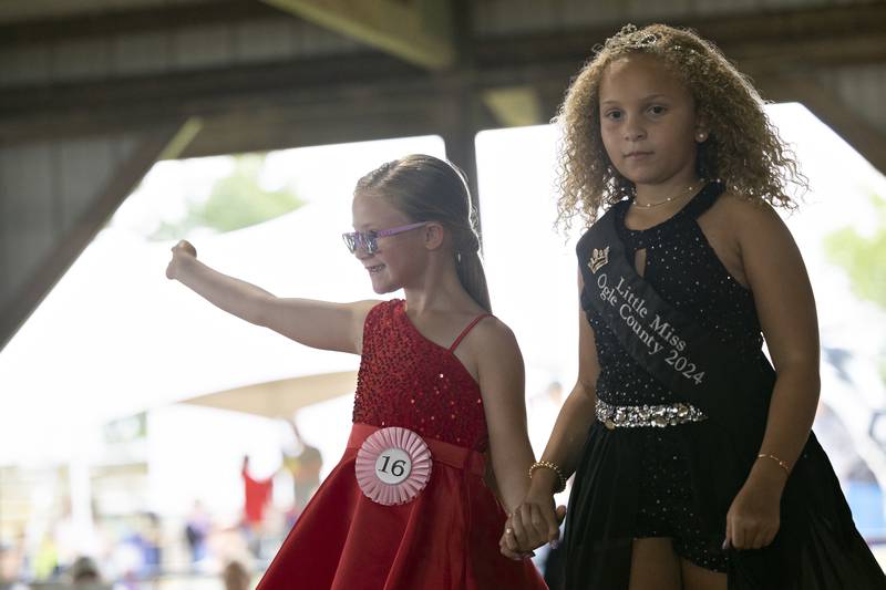 Aurora Vaughan, 7, competes in the Little Miss Ogle County pageant, Thursday, July 30, 2025, at the Ogle County Fairgrounds.