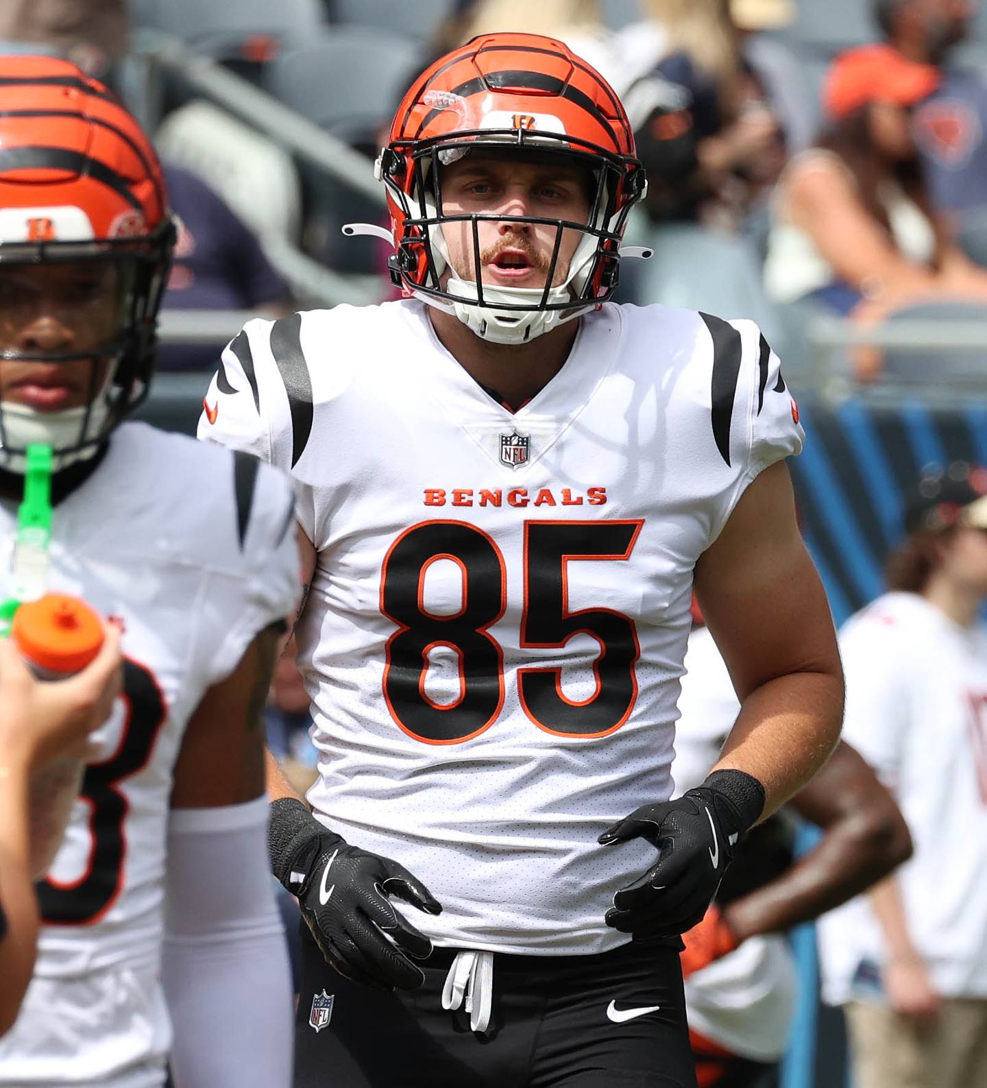 Cincinnati Bengals tight end Cam Grandy comes onto the field for warmups Saturday, Aug. 17, 2024, before his team plays the Chicago Bears at Soldier Field in Chicago.