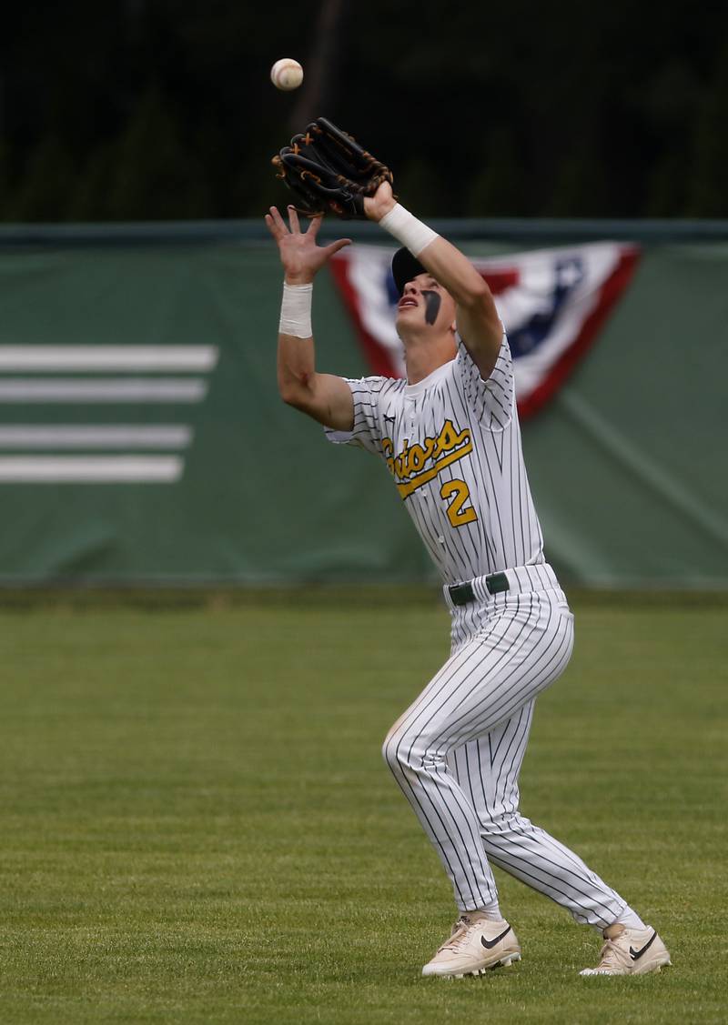 Crystal Lake South's Liam Sullivan catches the ball during the IHSA Class 3A Grayslake Central Sectional Championship baseball game against Cary-Grove on Saturday, June 7, 2025, at Grayslake Central High School.