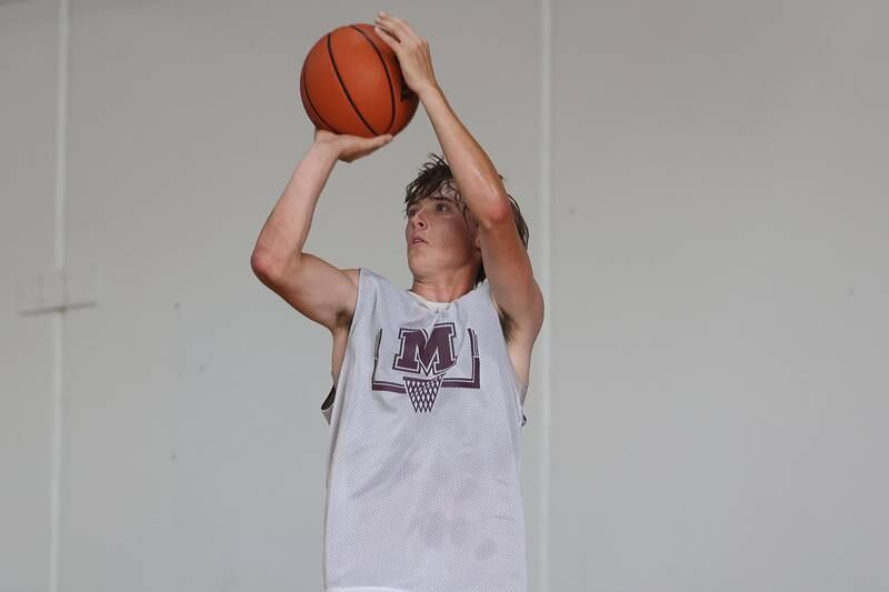 Morris’ Brett Bounds takes the three against Plainfield South at the 37th Morris Boys Shootout on Tuesday, June 25, 2024.