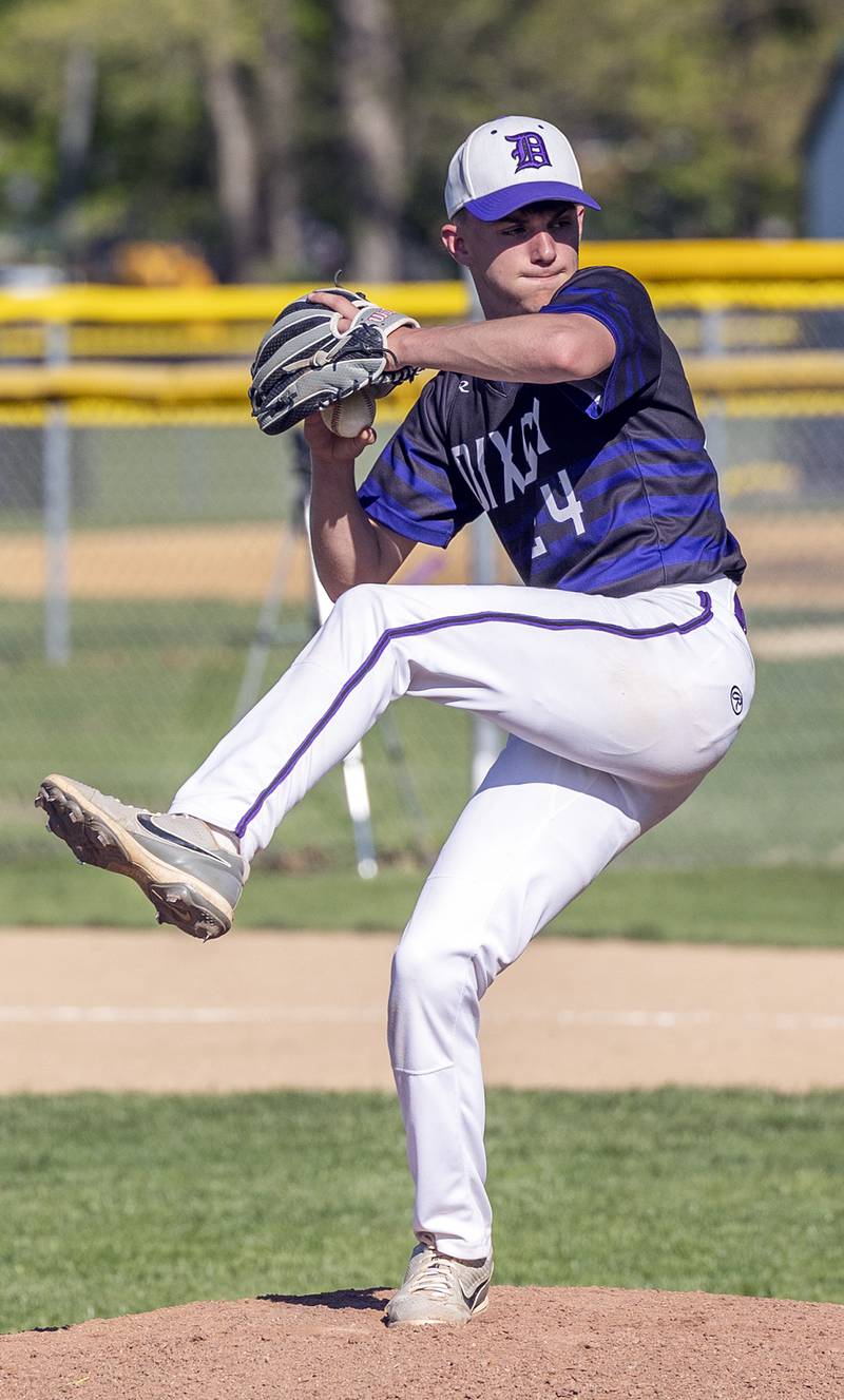 Dixon’s Brady Feit goes through his stretch while pitching against North Boone Tuesday, May 6, 2025.