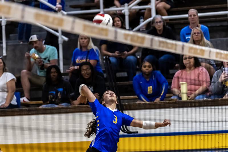 Joliet Central's Delany Moran goes up for a kill during a varsity volleyball home game against Lisle on Sept. 22, 2025.