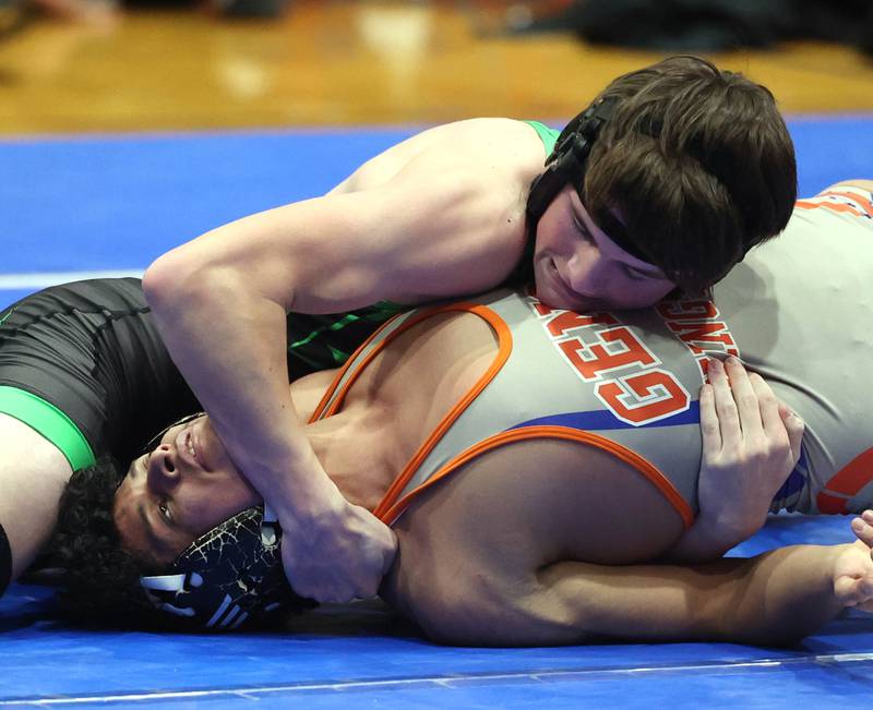 Rock Falls’ Elliott Yacklich pins Genoa-Kingston's Chris Rodas Thursday, Jan. 16, 2025, during their 157 pound match at Genoa-Kingston High School.
