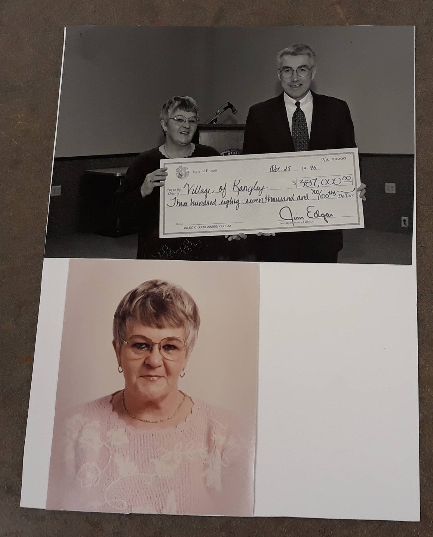 Former Kangley Mayor Carol Lahman's photo with former Illinois Gov. Jim Edgar is displayed at the Village Hall. She was instrumental in obtaining a state water grant to enhance the village's water quality.