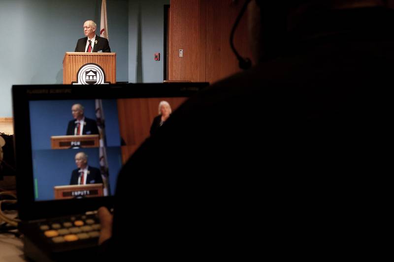 Democratic U.S. Rep. Bill Foster answers a question during a town hall on Wednesday, April 16, 2025, at McHenry County College's Luecht Auditorium in Crystal Lake.