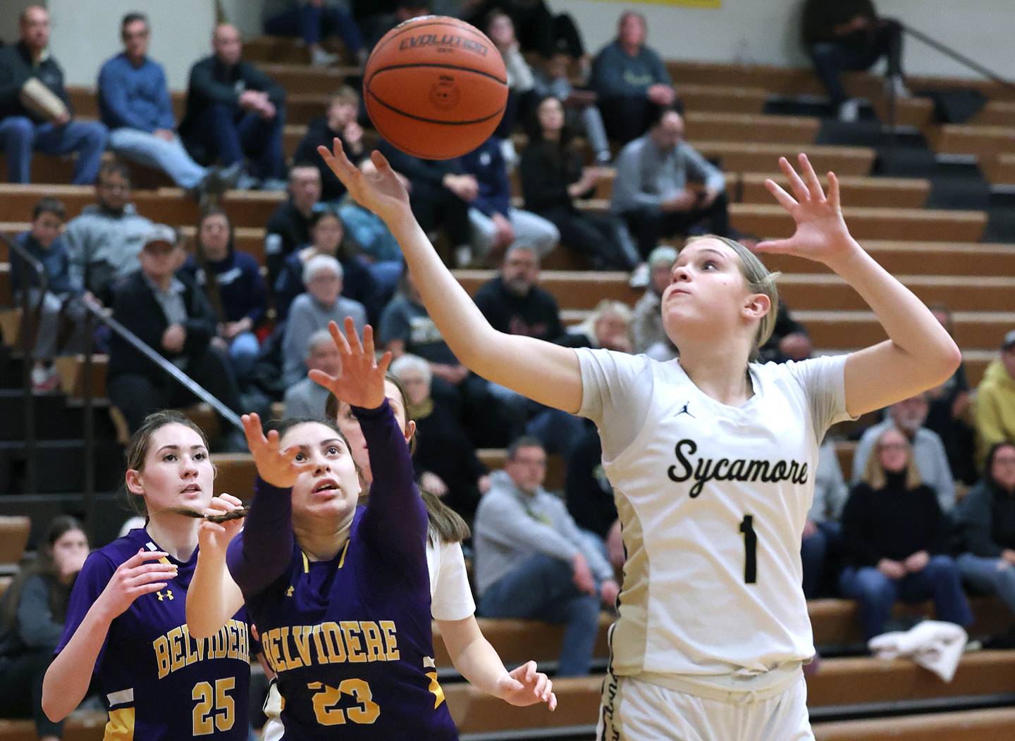 Sycamore's Quinn Carrier pulls down a rebound in front of Belvidere's Reem Aldi Friday, Feb 16, 2024, during their Class 3A regional final game at Belvidere High School.