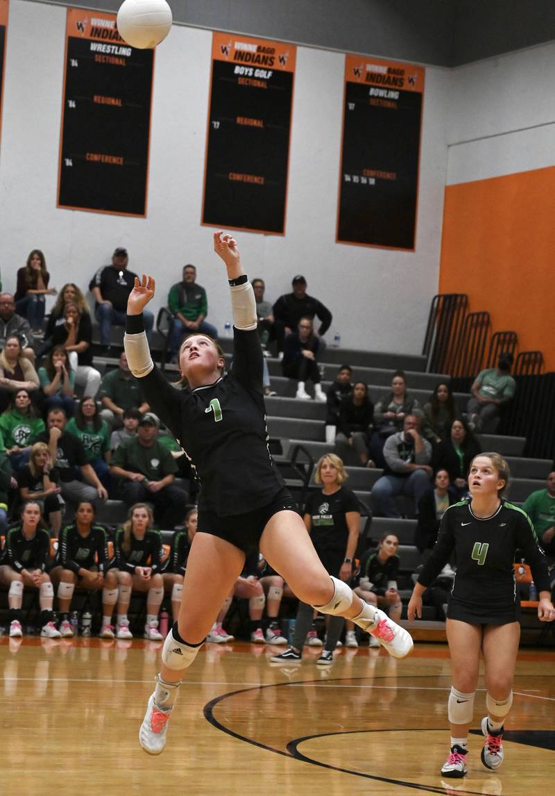 Rock Falls’ Denali Stonitsch sets the ball during the match against Genoa Kingston on Wednesday, Nov. 2, 2022.