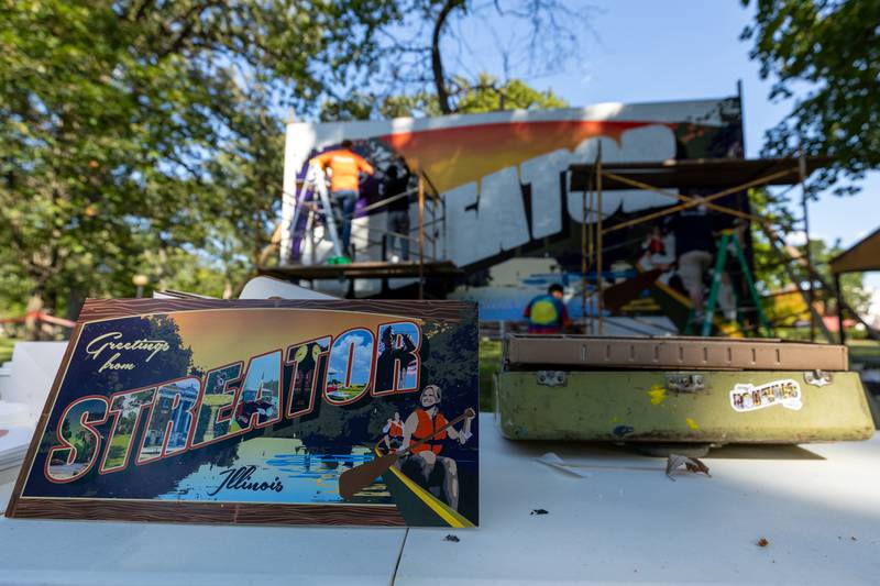Blueprint of the Streator mural sits on table ahead of the muralist's work site on Thursday, Sept. 11, 2025 at City Park in Streator.