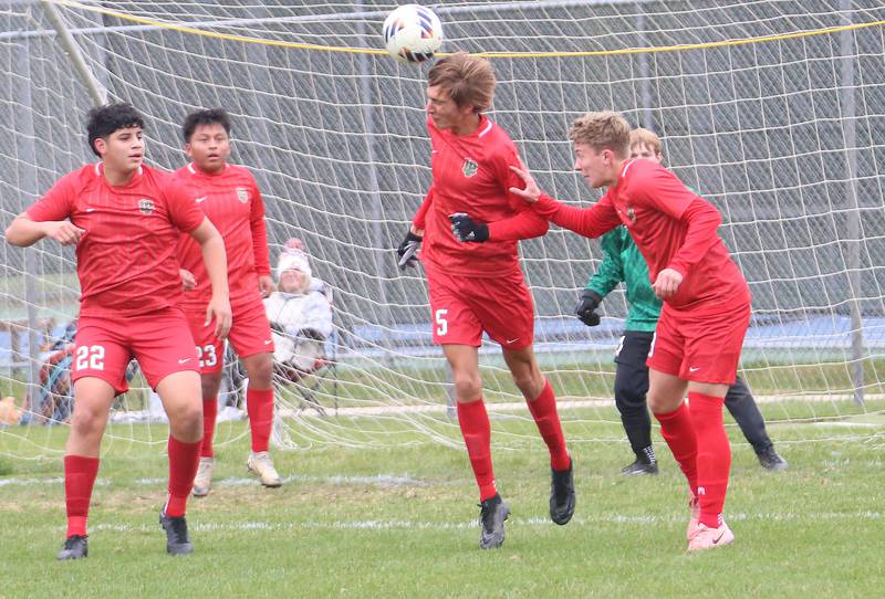 L-P'a Parker Abens puts a header on the ball during the Class 2A Regional title game on Saturday, Oct. 25, 2025 at Ottawa High School.