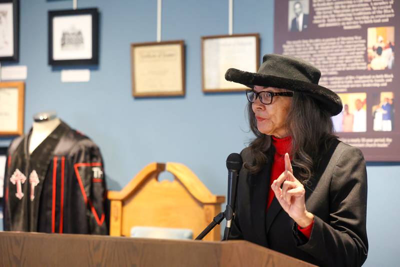 Billie Burrell, of Kankakee, speaks on the civil rights impact of the late Rev. William Copeland during the opening of the exhibit 'Called to Kankakee: The Life and Legacy of the Rev. William H. Copeland Jr.' at the Kankakee County Museum on Saturday, Feb. 7, 2026.
