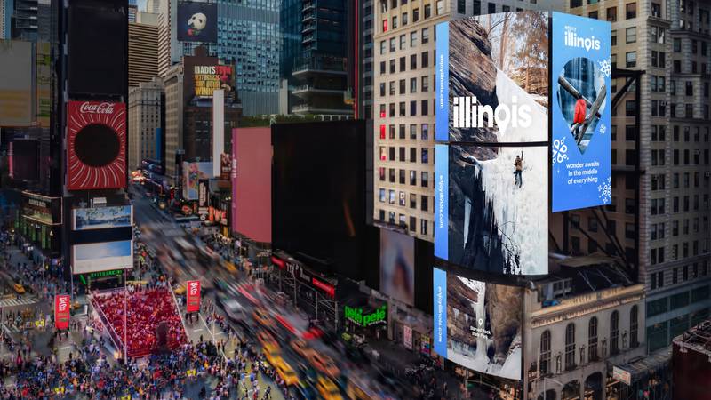 Winter visuals of Starved Rock, all filmed by reelCreative, will appear on a Times Square billboard as part of the Illinois Office of Tourism’s “Enjoy Illinois” winter campaign.