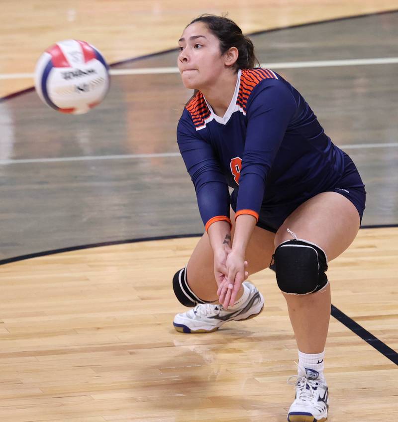 DePue's Emily Marquez bumps the ball during their match against Indian Creek Thursday, Oct. 13, 2022, in Shabbona.