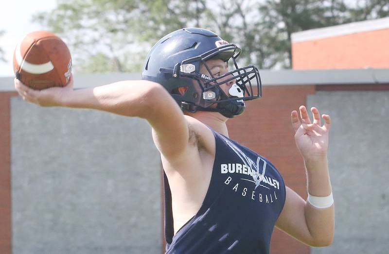 Bureau Valley quarterback Aiden Litherland throws a pass during training camp on Thursday, July 24, 2025 in Manilus.