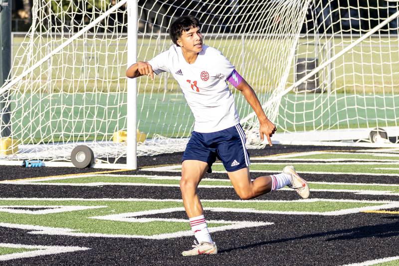South Elgin's Alan Munoz celebrates after scoring a goal against Plainfield Central during a game at Plainfield Central on Aug. 28, 2025.
