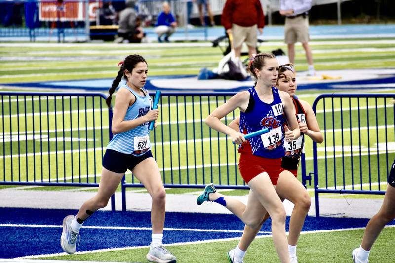 Bureau Valley senior Maddie Wetzell competes in the 4x800 relay for the Storm in the IHSA Class 1A State Track & Field Meet in Charleston.