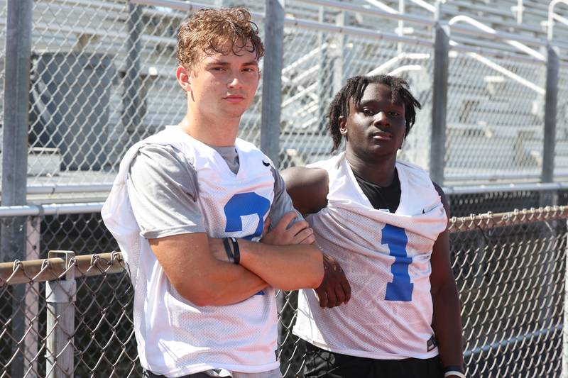 Lincoln-Way East’s running back tandem of James Kwiecinski, 2, and Petey Olaleye, 1, looks to provide the Griffins’ with a relentless run attack. Tuesday, Aug. 9, 2022, in Frankfort.