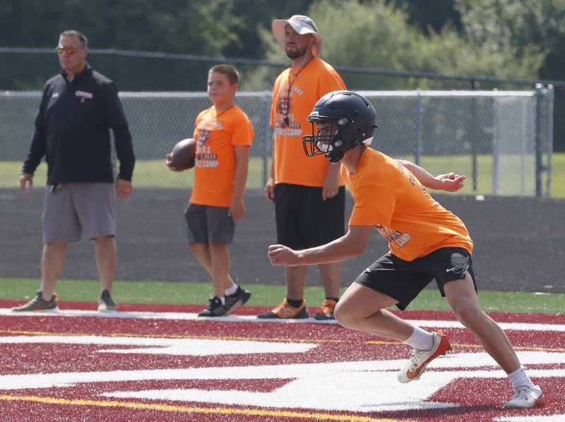 Crystal Lake Central’s Nick Zeuhlke plays defense during a 7 on 7 football practice Monday, July 14, 2025, at Richmond-Burton High School, with teams from Richmond-Burton . Grayslake Central and Mundelein.