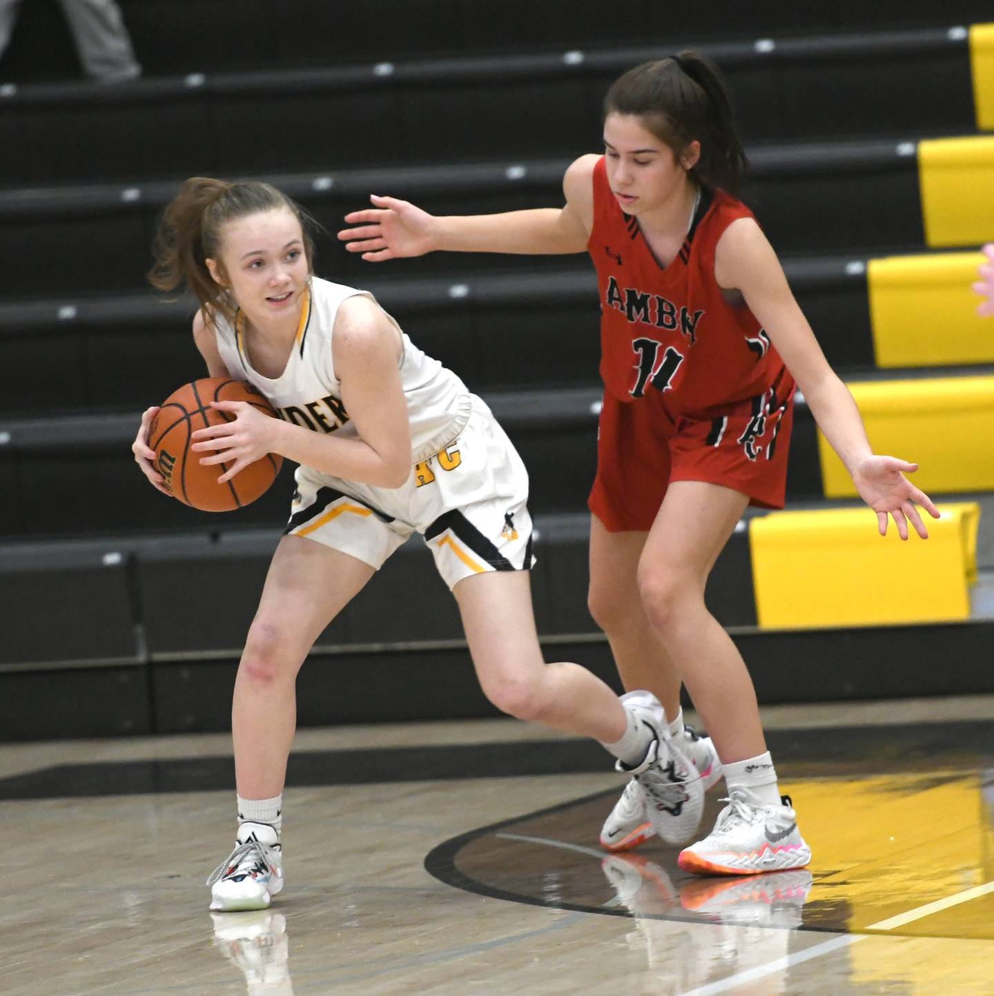 Ashton-Franklin Center's Reese Polk (left) protects the ball from Amboy's Tyrah Vaessen (11) during a Feb. 7 game in Ashton.