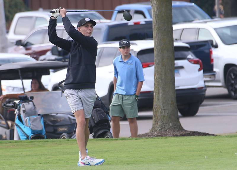 Woodland's Noah Decker tees off during the Class 1A Regionals on Wednesday, Oct. 1, 2025 at Deer Park Golf Club in Oglesby.