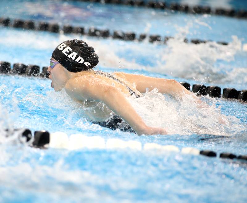 Rosary’s Elizabeth Nawrocki competes in the 200-yard individual medley championship heat during the IHSA Girls State Championships on Saturday, Nov. 16, 2024 at FMC Natatorium in Westmont.
