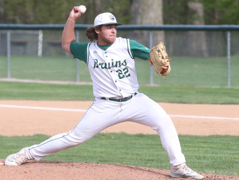 St. Bede's Alan Spencer throws a pitch to Marquette on Monday, April 22, 2024 at St. Bede Academy.