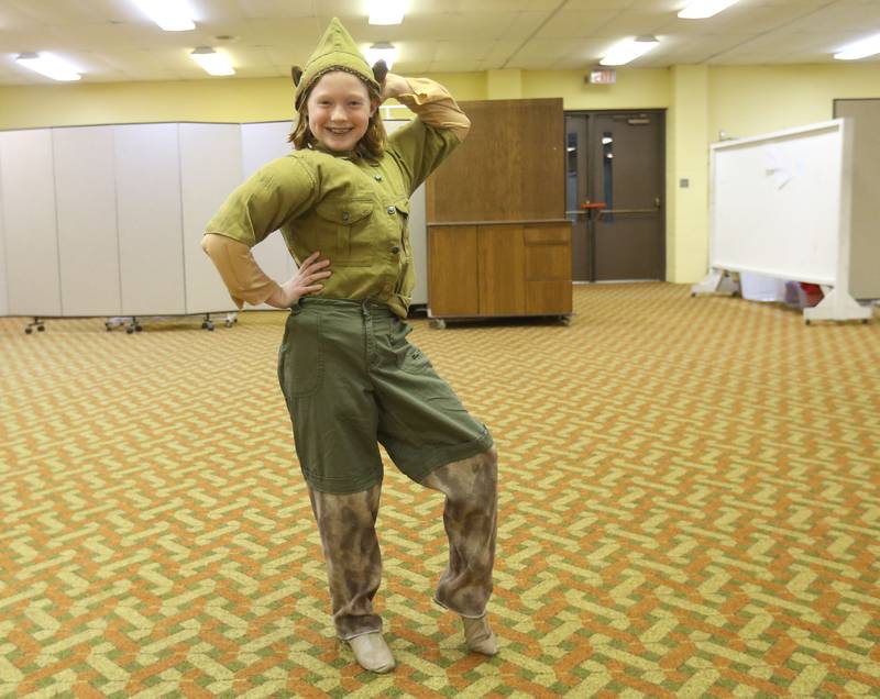 Bear, played by Annie Hall, acts out a scene during a rehearsal of Shrek the Musical on Monday, Oct. 13, 2025 at the Henry United Methodist Church. The River Valley Players are staging Shrek the Musical, with performances scheduled for Nov. 15-16 and 21-22, 2005 at the Henry United Methodist Church in Henry