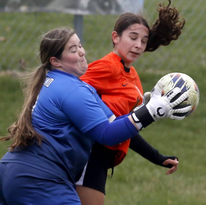 Kaneland's Natalie Myers grabs the ball in front of Crystal Lake Central's Addison Schaffer during a nonconference soccer game on Thursday, April 10, 2025, at Crystal Lake Central High School.