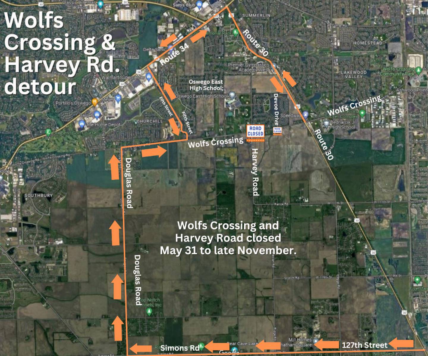 Pictured is the detour plan for the closing of the intersection of Harvey Road and Wolf's Crossing Road, effective May 31 through late November.
