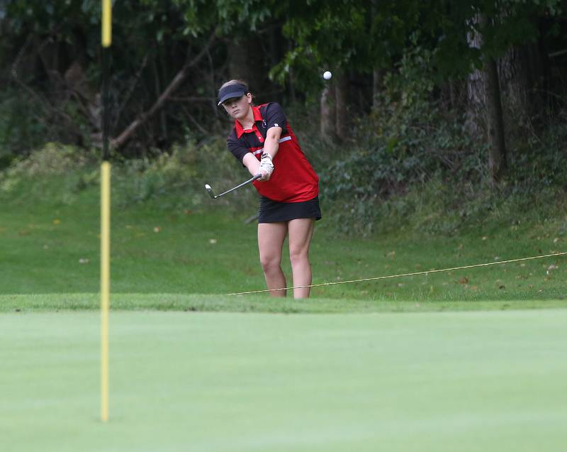 Earlville's Rylee Hill hits toward the 8th hole during the Class 1A Regional golf meet on Thursday, Sept. 28, 2023 at Spring Creek Golf Course in Spring Valley.