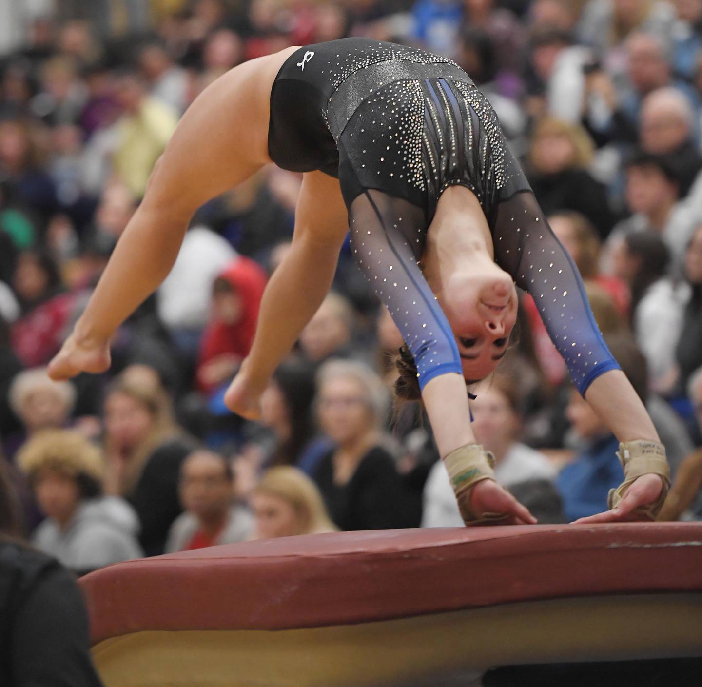 Geneva's Reese Lackey on the vault at the Hinsdale South girls gymnastics sectional meet in Darien on Tuesday, February 7, 2023.