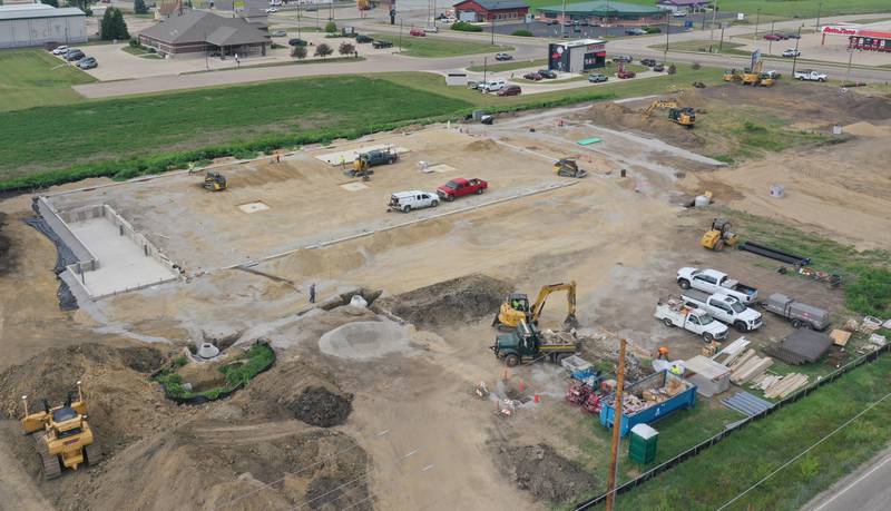 An aerial view of the intersection of Backbone Road and North Main Street on Tuesday, July 8, 2025 in Princeton. The foundation of a future Aldi store can be seen in the distance. Crews have been working on the property since April this year.