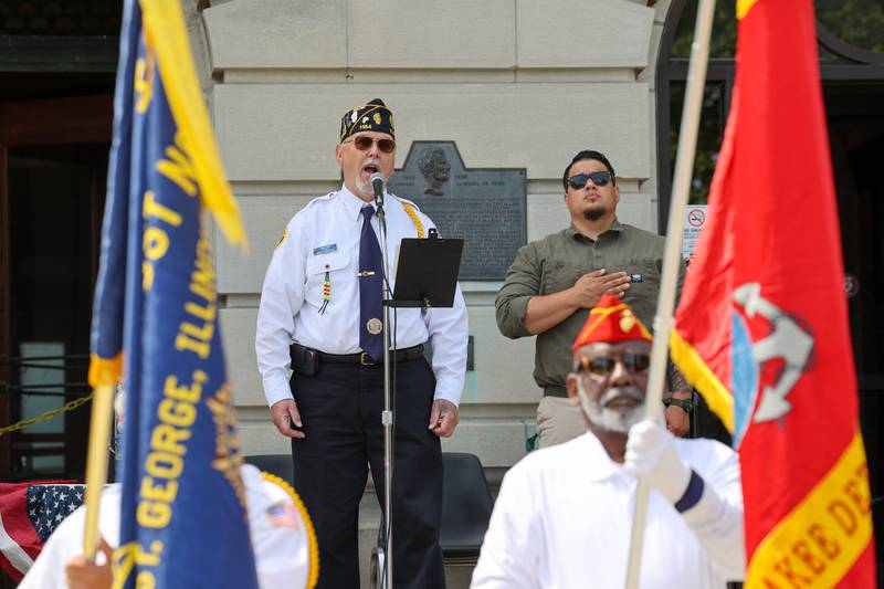 Tim Rehmer, U. S. Army veteran, performs the National Anthem on Monday, May 26, 2025, during the Kankakee County Veterans' Council annual Memorial Day Ceremony at the Kankakee County Courthouse.