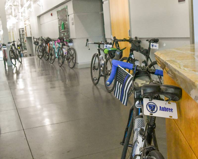Bikes line the hallway of Stevenson Tower as members of the Cycle Across Illinois had a stopover on Saturday July 12, 2025, at Northern Illinois university in DeKalb.