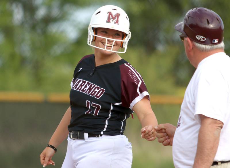 Marengo’s Mia Feidt smiles as she arrives at first base with a single against Morrison in IHSA Class 2A Sectional Semifinal softball action at Marian Central High School in Woodstock on Thursday, May 29, 2025.