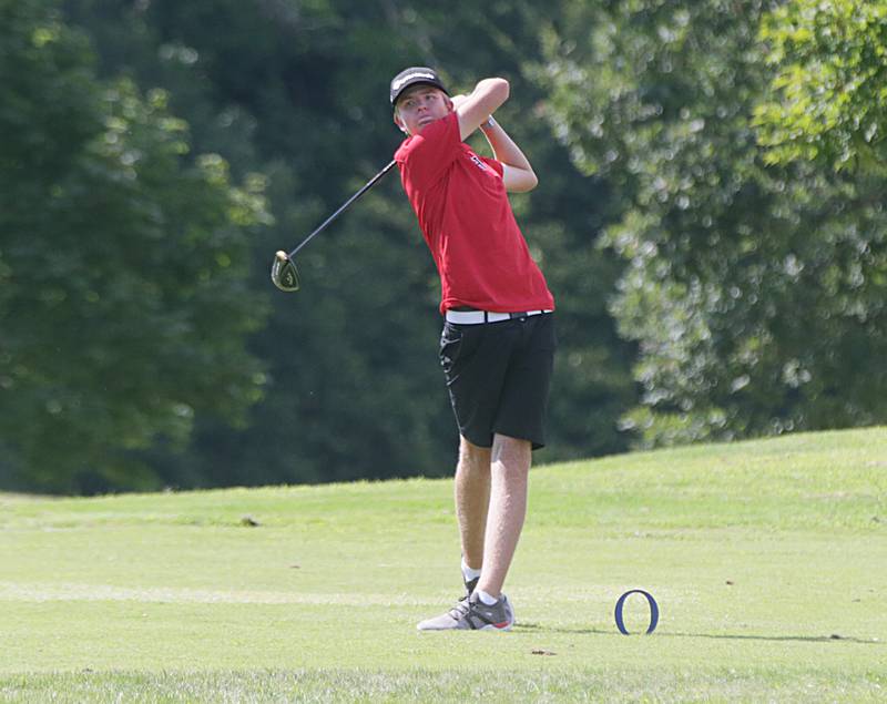 Hall's Landen Plym lines up a put during the L-P Cavalier Golf Invitational on Thursday, Aug. 18, 2022 at Seneca's Oak Ridge Golf Course in La Salle.