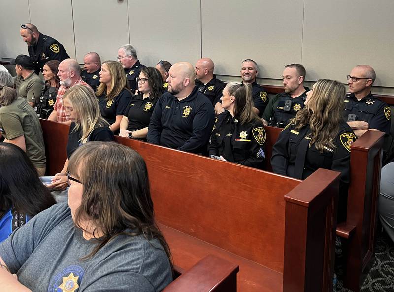 Dozens of law enforcment members along with family and friends of Christina Musil pack the courtroom Tuesday, Aug. 26, 2025, during the sentencing hearing for Nathan P. Sweeney, who pleaded guilty to driving under the influence and causing the 2024 crash that killed Musil. Sweeney was sentenced to the maximum of 14 years.