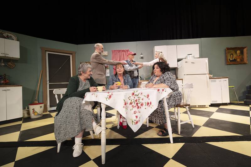 The cast of the Performing Arts Guild’s rendition of “Crimes of the Heart” starts its rehearsal Tuesday, April 29, 2025, for its weekend performances. Appearing are (front row from left) Mary Cheatwood as Lenny Magrath, Ranae Taylor as Babe Botrelle and Natalie Coy as Chick Boyle; and (back row from left) Dennis Cheatwood as Barnette Lloyd, Peter Raum as Doc Porter and Mary Mead-Cantrell as Meg Magrath.