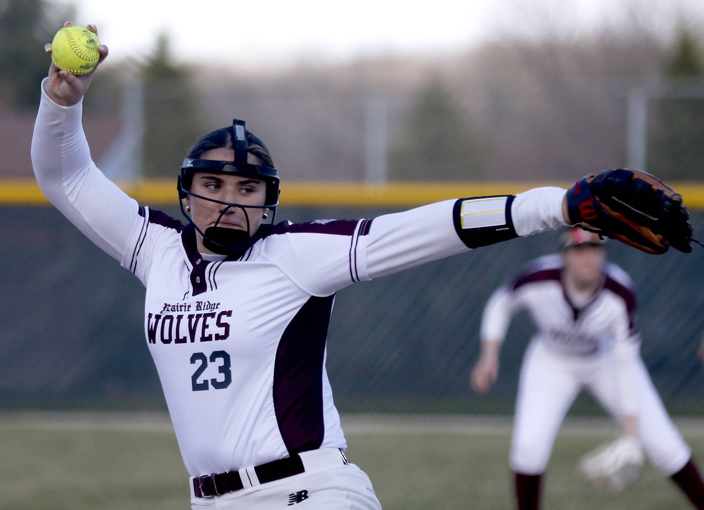 Prairie Ridge’s Reese Mosolino throws a pitch during a Fox Valley Conference softball game against Jacobs on April 8, 2026, at Prairie Ridge High School.