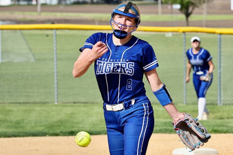 Princeton's Reese Reviglio throws a pitch during the Tigresses' 15-0, four-inning victory on Thursday, May 7, 2026 in Princeton.
