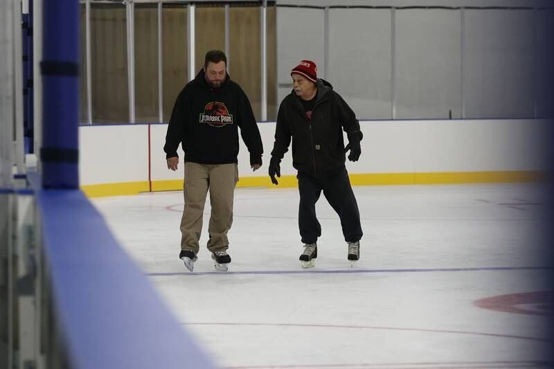 Joe Wilcox, left, and Jim Malito take advantage of the first day of open skate at the Inwood Ice Arena Tuesday, Sept. 24, 2024 in Joliet.