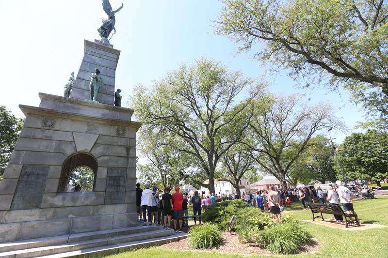 A large crowd gathers at the Soldiers and Sailors Park during the Memorial Day service on Monday, May 25, 2026 in Princeton.