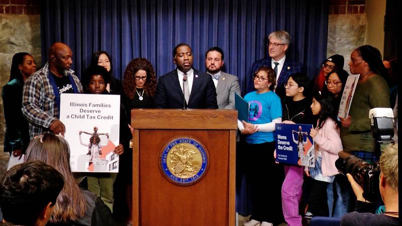 State Rep. Marcus Evans, D-Chicago, is joined by a coalition of advocates at a Statehouse news conference to push for a $300 per-child tax credit