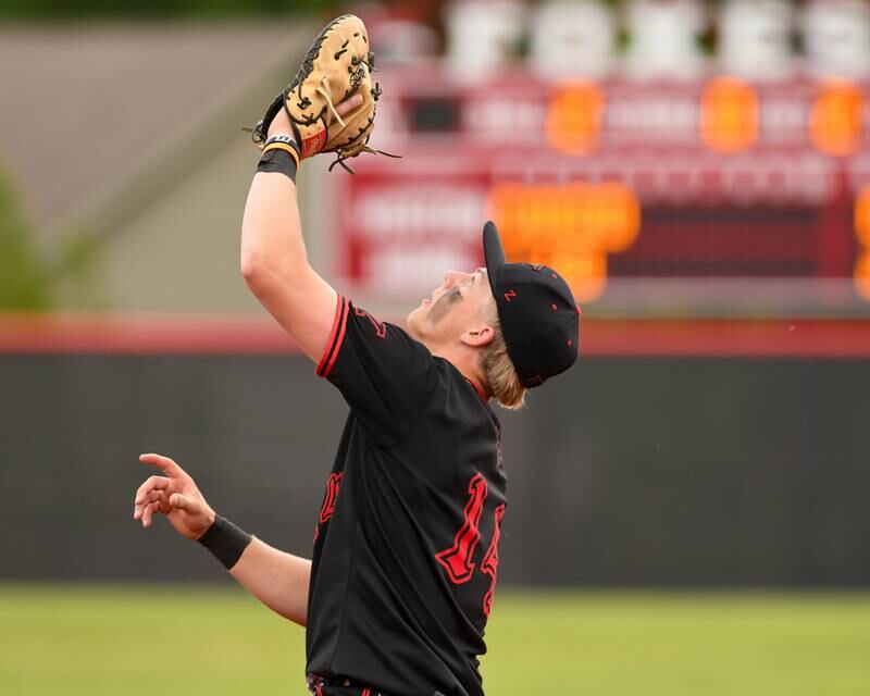 Yorkville's Frank Pavlik (14) catches the ball for an out during the regional game against Romeoville on Thursday May 29, 2025, held at Yorkville High School.